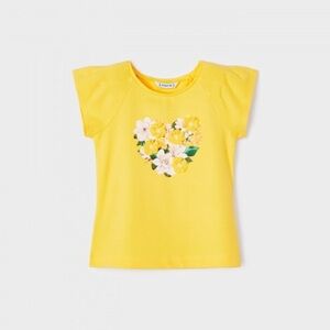 Size 4 Girls Mayoral Bright Yellow Short Sleeve Tee with Floral Heart Applique